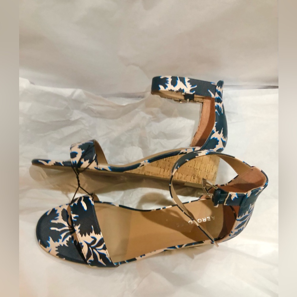 Aerosoles navy blue and cream floral ankle strap open toe cork wedge size 11 new - Picture 4 of 15